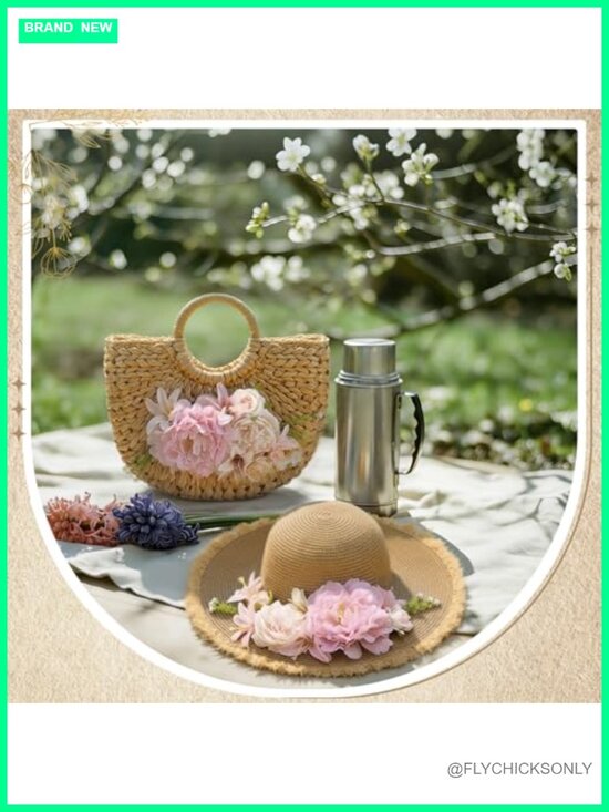 2-Piece Handcrafted Straw Sun Hat & Tote Bag Set Boho Wedding Bridal Shower main image 5